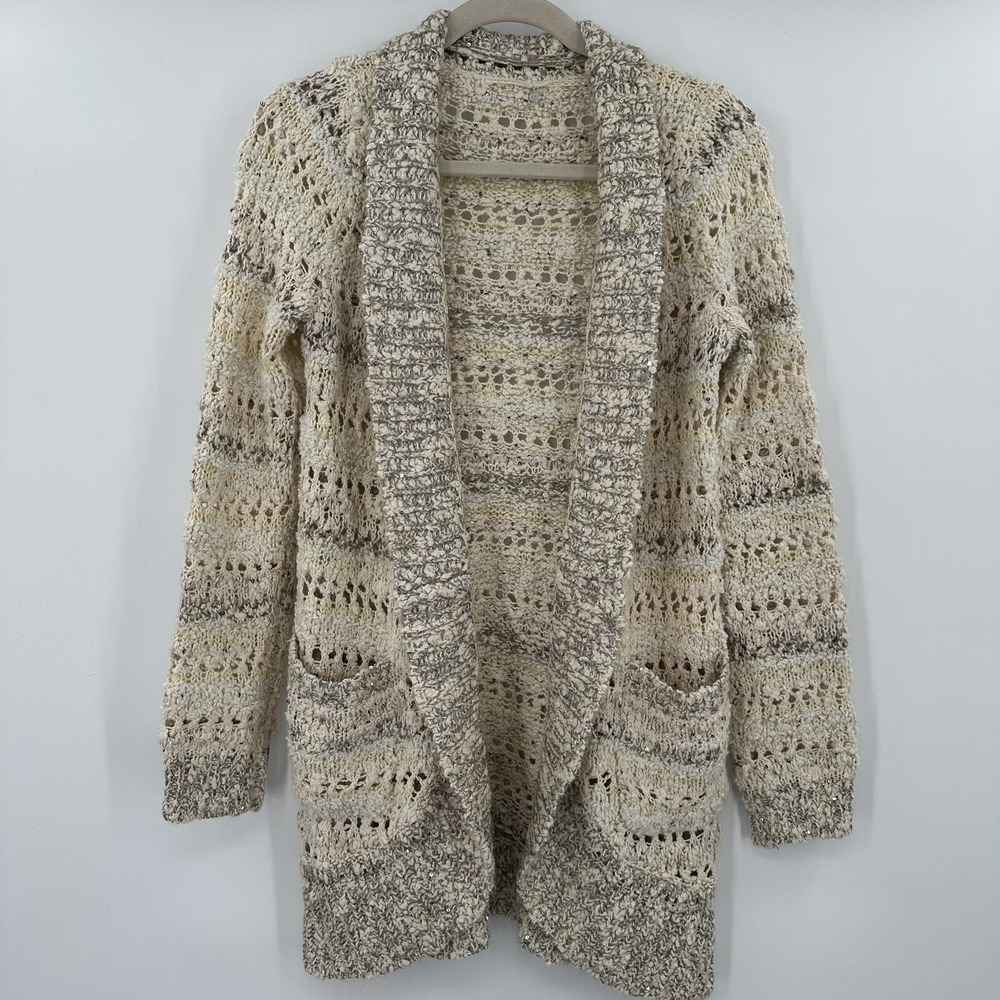 Knitted & Knotted Anthropologie Sequin Open Knit Cardigan Sweater Cream Grey S